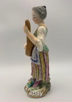 Antique Meissen Porcelain Figurine of a Musician Playing Guitar Woman Statue Old