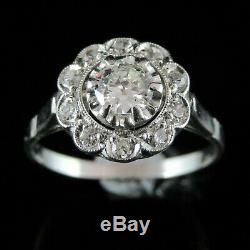 Antique Old European Cut Diamond Platinum Ring Halo Flower Vintage Engagement
