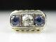 Antique Old Mine Diamond Blue Sapphire Three Stone Ring 14k Vintage Art Deco