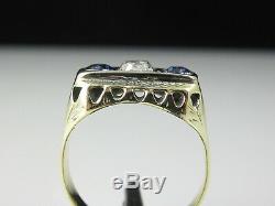 Antique Old Mine Diamond Blue Sapphire Three Stone Ring 14K Vintage Art Deco