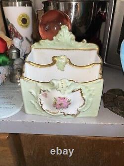 Antique Old Paris Porcelain Limoges Desk Letter Holder Box Floral Sprig Gilt