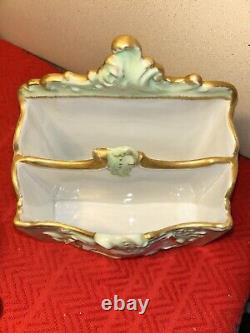 Antique Old Paris Porcelain Limoges Desk Letter Holder Box Floral Sprig Gilt