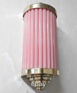 Antique Old Vintage Art Deco Brass & Pink Glass Rod Ship Light Wall Sconces Lamp