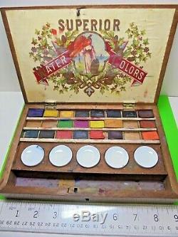 Antique Old Vintage Superior Watercolour Artist Original Paints Wooden Paint Box