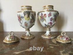 Antique Pair Porcelain Covered Vases Louis Flowers Woman Head Gilt Rare Old 19th