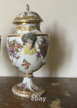 Antique Pair Porcelain Covered Vases Louis Flowers Woman Head Gilt Rare Old 19th