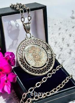 Antique Pendant Chain Old Coin Sterling Silver 836 Dukach Jewelry Women 16.2 gr