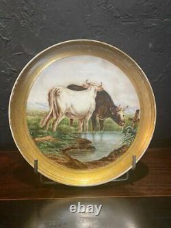 Antique Plate Decorative Porcelain Painted France Cows Dish Monogrammed Old 19th