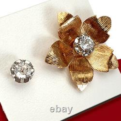 Antique Rare Dormeuses Flowers Earring Gold 18k Old Cut Diamonds Screw Back Stud