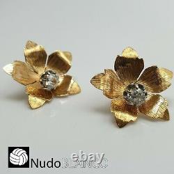Antique Rare Dormeuses Flowers Earring Gold 18k Old Cut Diamonds Screw Back Stud