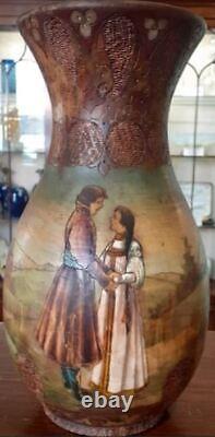 Antique Russian Folk Vase Wood Carved Painted Decorated Couples Rare Old 19th