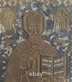 Antique Russian Icon Saint Nicolas Myre Gospel Mary Enamel Engrave Rare Old 19th