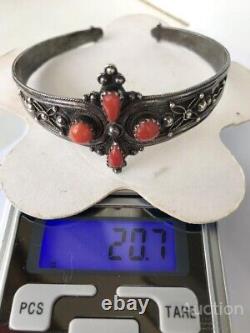 Antique Sterling Silver Bracelet Red Corals Cuff Stone Women Jewelry Old 20.7 gr