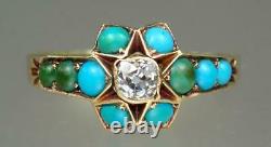 Antique Victorian 15K Gold Old Mine Cut Diamond Turquoise Floral Star Ring S 6.5