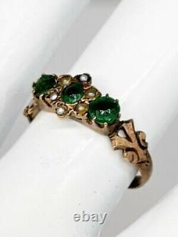 Antique Victorian 1880s 1ct Old Euro Natural Emerald Pearl 14k Yellow Gold Ring