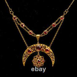 Antique Victorian Crescent Moon & Star Old Cut Garnet 15ct Gold Necklace c. 1890
