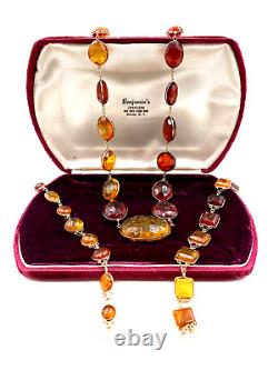 Antique Victorian Old Rare Amber Set Long? Necklace 2 Twin Bracelets Cushion Cut