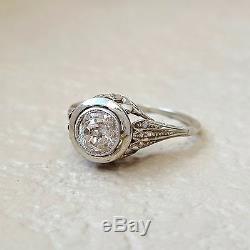 Antique Vintage Art Deco Old Mine Diamond Engagement Ring in 18k White Gold
