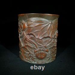 Antique Vintage Chinese Old Bamboo Carved Exquisite Lotus Brush Pot Collection