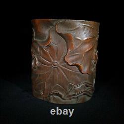 Antique Vintage Chinese Old Bamboo Carved Exquisite Lotus Brush Pot Collection