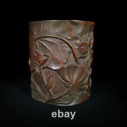 Antique Vintage Chinese Old Bamboo Carved Exquisite Lotus Brush Pot Collection