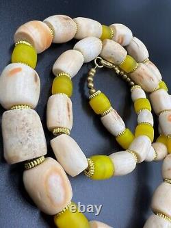 Antique Vintage Gems Jewelry White Coral Yellow Glass Trade Old Beads Strand Lot