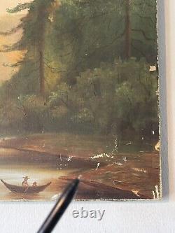Antique Vintage Landscape Impressionist Oil Painting Old Lake Snow Mountains