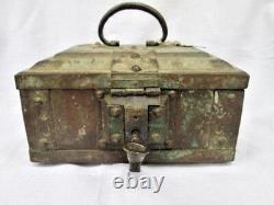 Antique Vintage Old 18c Full Brass Bronze Multi Purpose Trinket Box Original Key