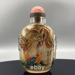 Antique Vintage Old Beijing Glaze Inside Painting Dragon Phoenix Snuff Bottle