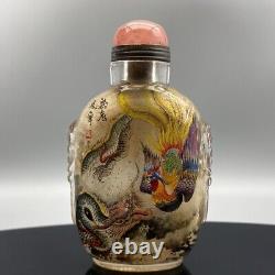 Antique Vintage Old Beijing Glaze Inside Painting Dragon Phoenix Snuff Bottle