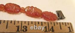 Antique Vintage Old Chinese Export Carved Carnelian Necklace Marcasites & Silver