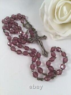 Antique Vintage Old Glass Rosary Beads Silver Cross Necklace Loudres Italy stamp