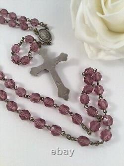 Antique Vintage Old Glass Rosary Beads Silver Cross Necklace Loudres Italy stamp