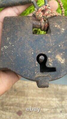 Antique Vintage Old Iron Forged Padlock With Key In Good Working Condition Lock