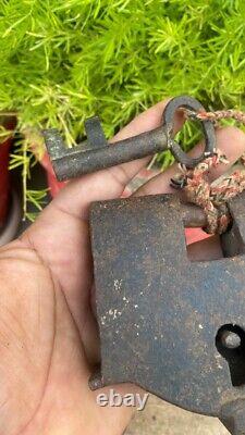 Antique Vintage Old Iron Forged Padlock With Key In Good Working Condition Lock