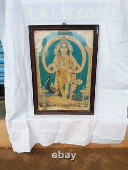Antique Vintage Old Lithograph Print Hindu God Lord Murugan Rosewood Framed