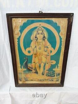 Antique Vintage Old Lithograph Print Hindu God Lord Murugan Rosewood Framed