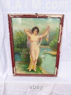 Antique Vintage Old Original Lithoprint Colour German Print Nude Lady Wall Decor