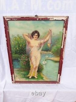 Antique Vintage Old Original Lithoprint Colour German Print Nude Lady Wall Decor