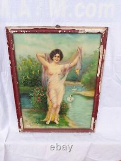 Antique Vintage Old Original Lithoprint Colour German Print Nude Lady Wall Decor