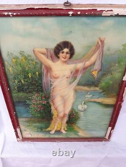 Antique Vintage Old Original Lithoprint Colour German Print Nude Lady Wall Decor