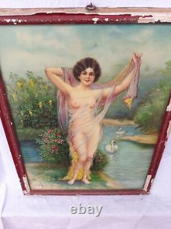 Antique Vintage Old Original Lithoprint Colour German Print Nude Lady Wall Decor