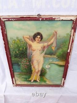 Antique Vintage Old Original Lithoprint Colour German Print Nude Lady Wall Decor