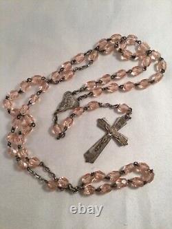 Antique Vintage Old Pink Glass Crystal Rosary Beads Chain Silver Cross Mary