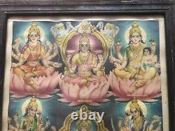 Antique Vintage Old Print Hindu Religious Goddess Ashta Lakshmi Wood Framed B46