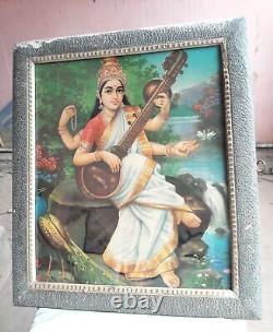 Antique Vintage Old Print Hindu. Religious Goddess Saraswati Frame Wall Decor A93