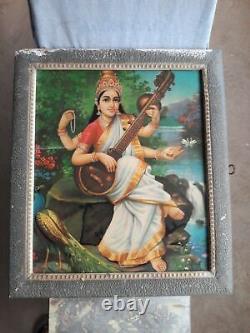 Antique Vintage Old Print Hindu. Religious Goddess Saraswati Frame Wall Decor A93