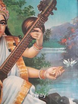 Antique Vintage Old Print Hindu. Religious Goddess Saraswati Frame Wall Decor A93