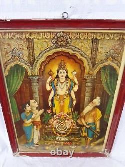 Antique Vintage Old Print Hindu Temple Litho Print Lord Maha Vishnu Framed
