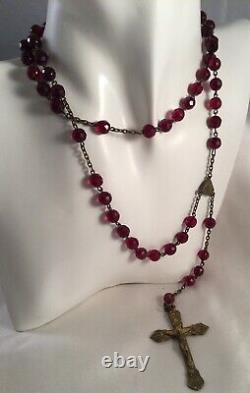 Antique Vintage Old Ruby Red Glass Rosary Beads Gold Gilt Cross Necklace INRI